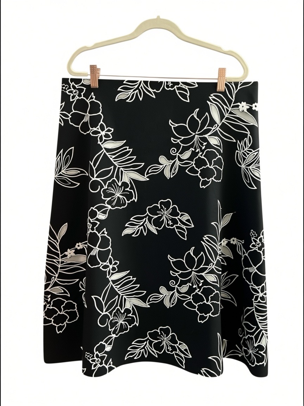 White House Black Market Black Skirt with White Floral Cut-out Print